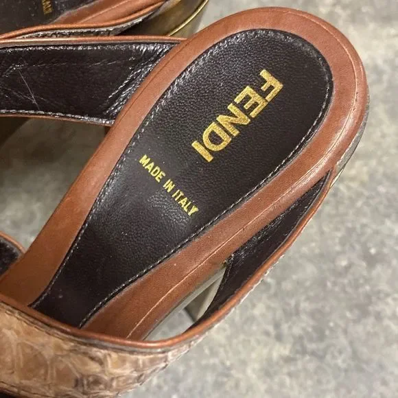 Fendi Embossed Brown Leather Slide Platform Heel Sandal Size 38 - Picture 7 of 11